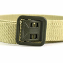 Close-up of a genuine French military canvas belt in sand khaki with an olive metal buckle and durable webbing.