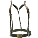 Vintage German army Y-strap suspenders and belt webbing set in olive, WWII tactical harness with metal buckles and adjustment rings