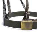German army Y-strap suspenders with heavy polyester belt and brass buckle tactical harness system kit close-up view