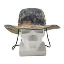 MFH Military bush style hat in Flecktarn camo with wide brim and chin strap for outdoor sun protection and comfort