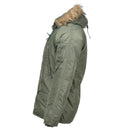 Side view of MIL-TEC olive green aviator parka with faux fur hood designed for cold weather and military style.