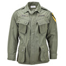 Mil-Tec U.S. Army Vietnam style M64 jungle jacket in olive drab with multiple pockets and military patches.