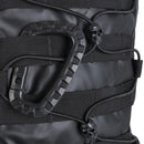 Close-up of black MIL-TEC U.S. Assault Ranger backpack showing durable PVC coating and skull-adorned cord locks