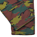 Close-up of Original Belgian Army field combat pants in ripstop jigsaw camouflage with reinforced hems and adjustable cords