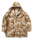 Original British army desert camo jacket parka with hood, multiple pockets, and adjustable waist, lightweight and windproof.