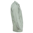 Side view of an original Czech Army olive green long sleeve dress shirt with button-up front and military style