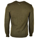 Back view of original Czech army M85 V-neck pullover sweater in brown wool-blend fabric with ribbed cuffs and hem.