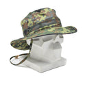 Original German Army Flecktarn boonie hat with chin strap, wide brim, and camouflage pattern for outdoor use.