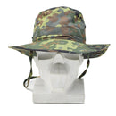 Original German Army Flecktarn boonie hat with wide brim and chin strap for outdoor, hunting, and tactical use.