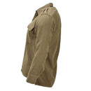 Side view of an original Greek military tactical olive wool shirt with long sleeves and shoulder epaulettes