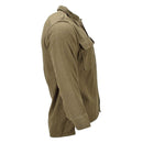 Side view of olive green original Greek military tactical wool shirt with long sleeves and shoulder epaulettes