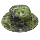 Danish Army style Boonie hat with M84 camo, wide brim, ripstop fabric, vent holes, and adjustable chinstrap for outdoor use.