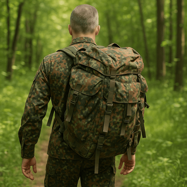 A man wearing tactical gear walks through a dense forest, carrying a camouflage backpack and dressed in outdoor-ready military surplus clothing.