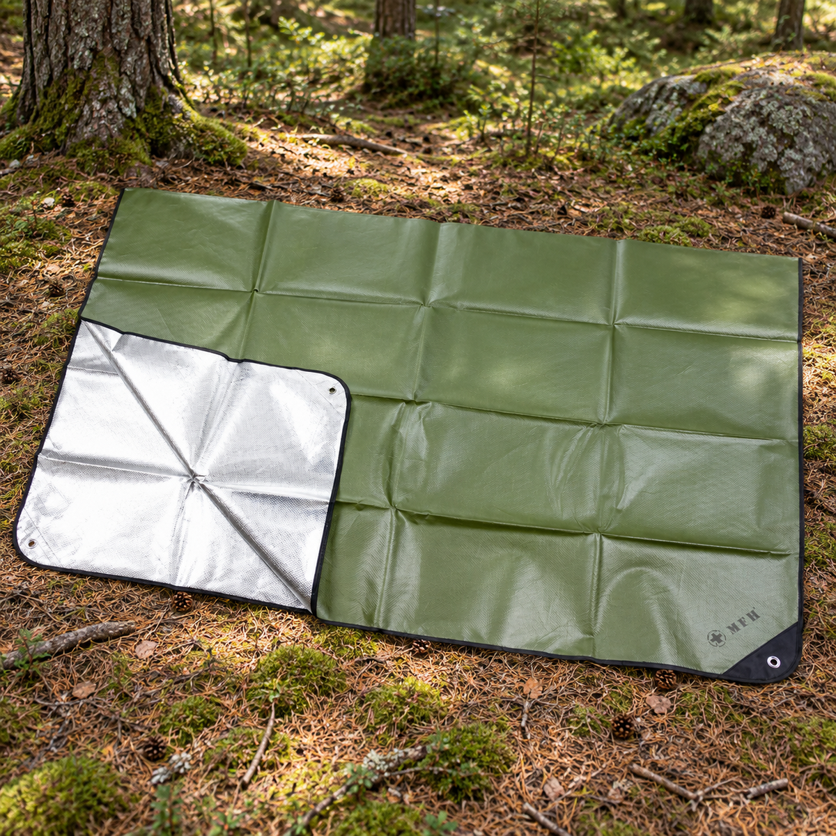 MFH Plandeka awaryjna 210 x 150 cm Podłoga kempingowa powlekana aluminium OD Green