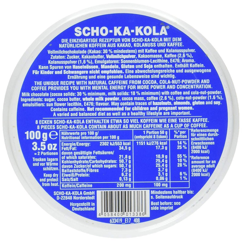Niemiecka energia mleczna czekolada scho-kola-kola pełne mleko 100 g puszka puszka niebieska