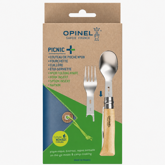 Opinel Picnic+ N°08 Zestaw sztućców Nóż składany Łyżka Widelec Camping Buk