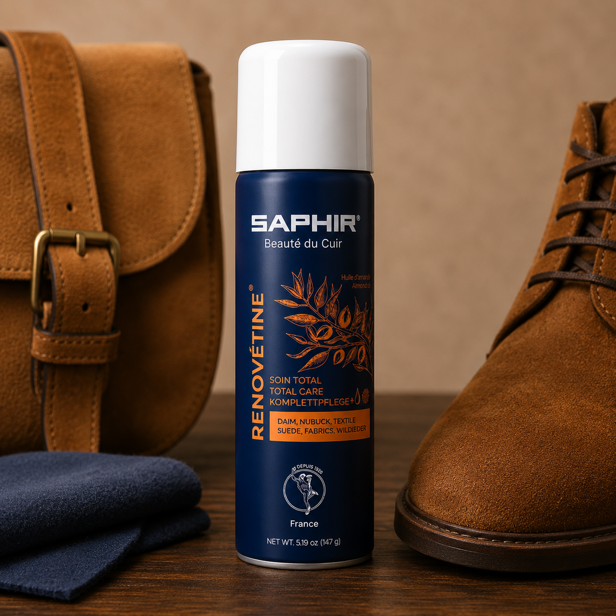 Saphir Renovétine Suede & Nubuck Renovator Spray 200ml Total Care Olejek migdałowy
