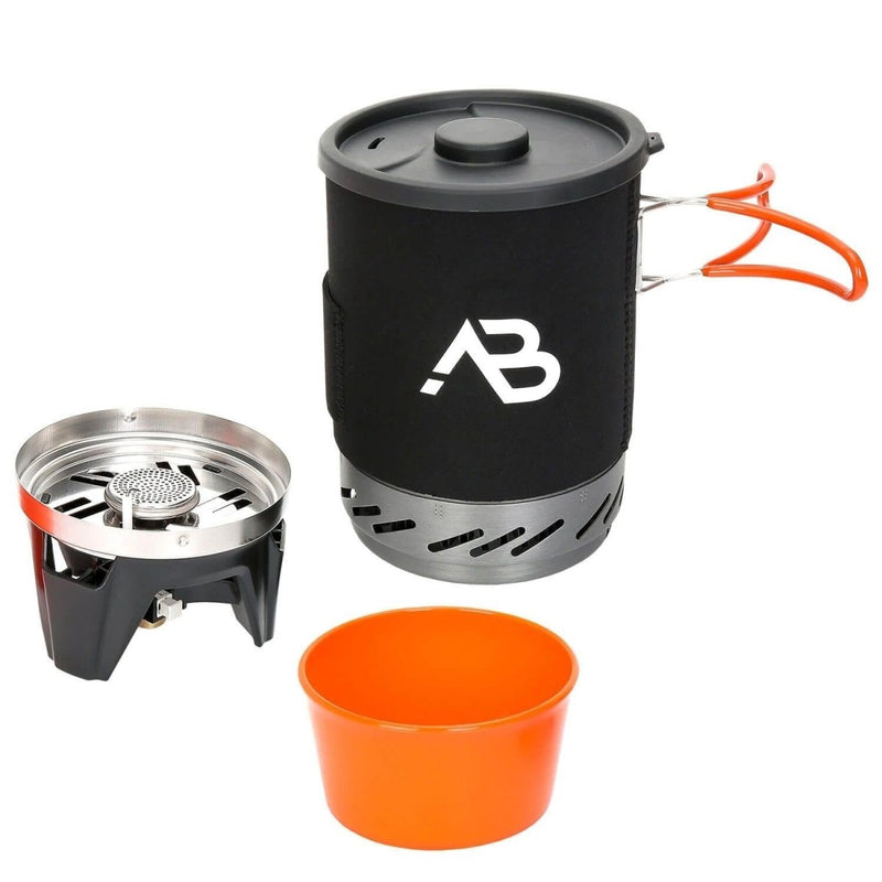 A.Blochl AB-1 compact camping stove system with 0.8L pot, liquid gas burner, windbreak, and heat exchanger for fuel efficiency