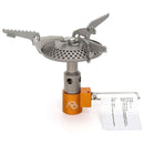A.Blochl AB-16 lightweight titanium camping gas burner stove with adjustable flame and sturdy pot supports for trekking.