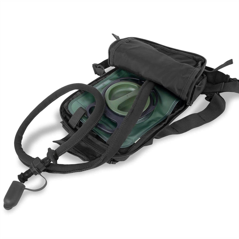 Black MOLLE hydration pack with 1.5-liter bladder and drinking tube with bite valve for hands-free hiking water access