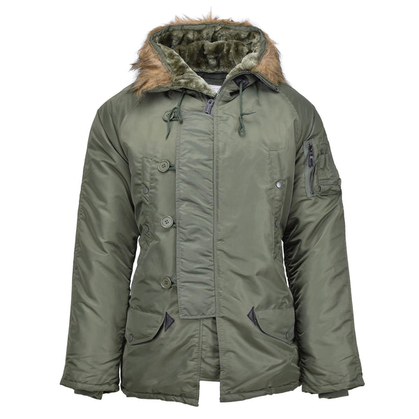 Mil-Tec marka amerykański styl wojskowy Aviator Parkana N3B Faux Fur z kapturem oliwka nowa