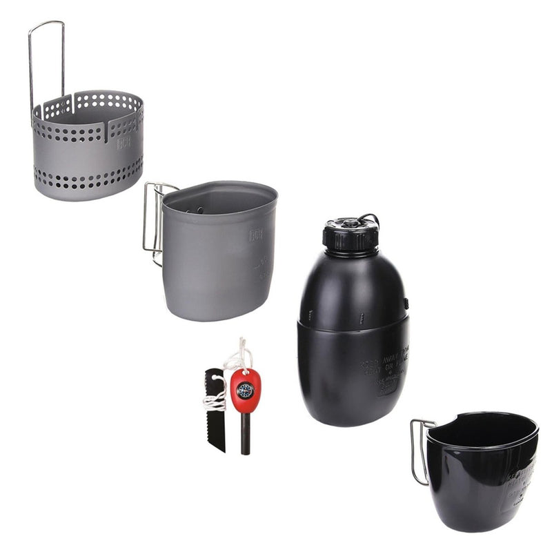 BCB Mk2 Crusader 6-piece cooking set with stove, NATO mug, canteen, fire starter, and storage pouch for outdoor use.