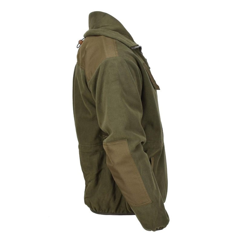 Olive green Blochl Brand Austrian military style fleece jacket with high neck, full zip, and reinforced shoulder and elbow patches.