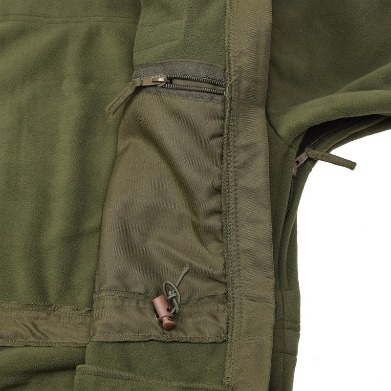Close-up of olive green Blochl Brand military style fleece jacket showing inner pocket and zipper details.