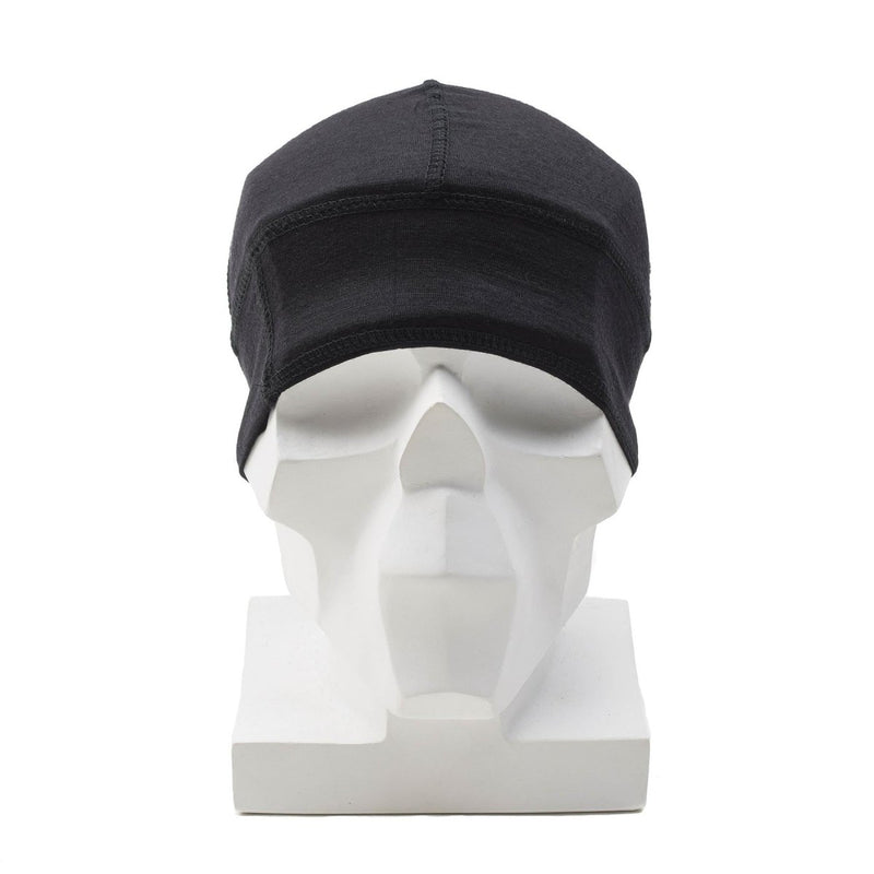 Black military style merino wool beanie hat shown on white mannequin head, breathable and warm watch cap design.