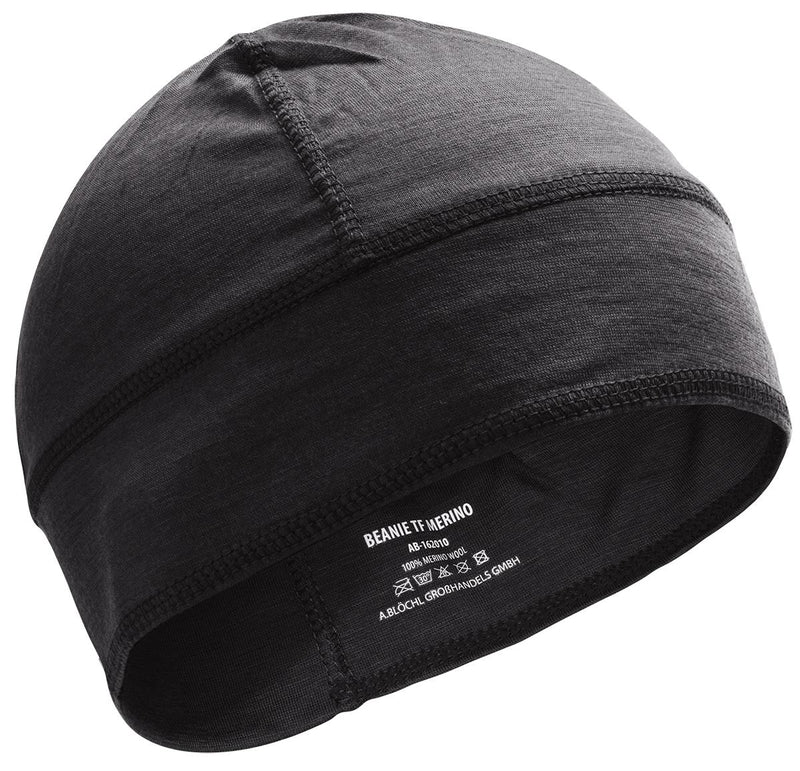 Black Merino wool military style beanie, breathable and moisture-wicking watch hat for outdoor cold weather activities.