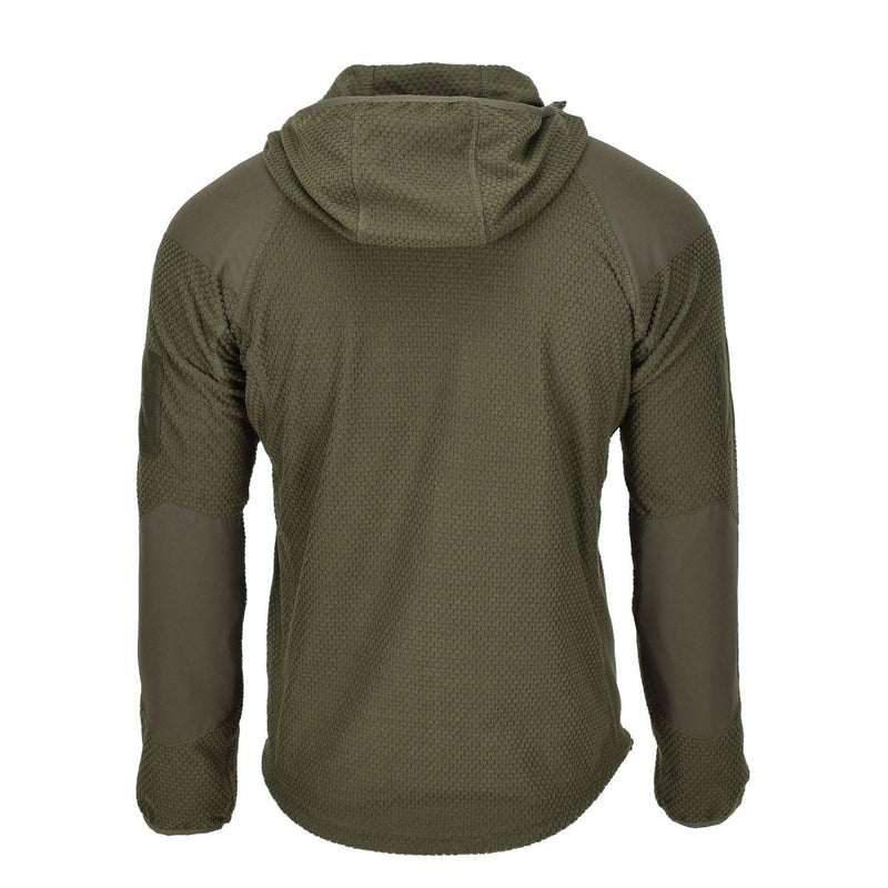 Back view of Blochl olive military-style fleece jacket with hood and reinforced shoulders and elbows.