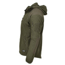 Olive green Blochl military style fleece jacket with hood, reinforced shoulders and elbows, side and arm pockets, thermal lining.