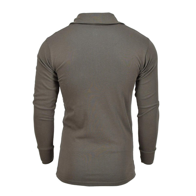 Back view of olive green Blochl Brand military style thermal high neck jersey undershirt with long sleeves