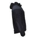 Side view of black Blochl military style thermal fleece jacket with hood and reinforced elbow patches