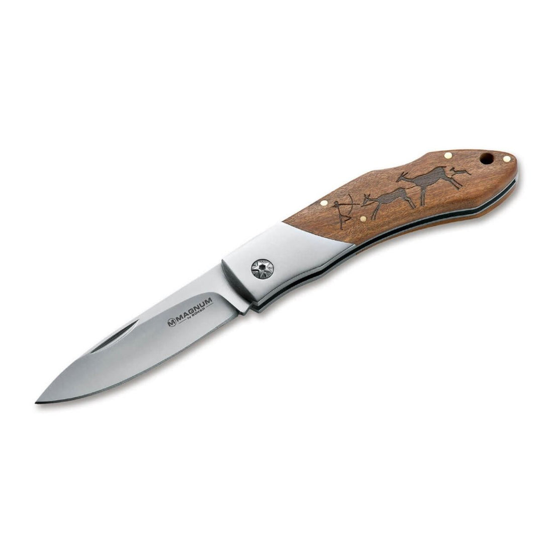 Nóż kieszonkowy BOKER Caveman Steel 440A, niepowlekana, stalowa, zdobiona drewnianą rękojeścią