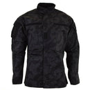 Brand military style combat jacket in ACU ripstop fabric with night camo pattern and multiple pockets.