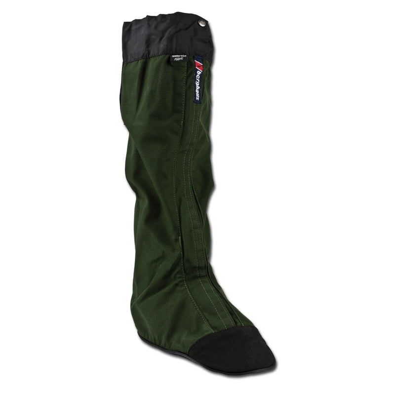 Berghaus Yeti Gore-Tex waterproof green and black gaiter with full front closure and durable rubber rand for hiking.
