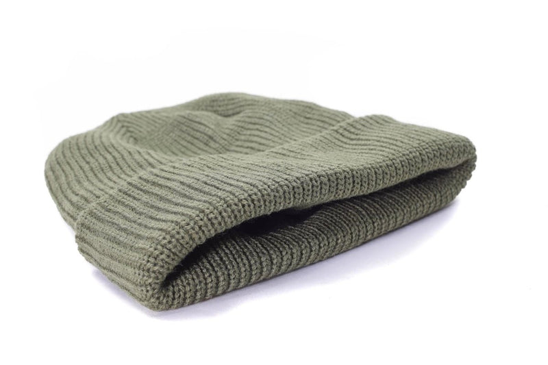 Olive green MIL-TEC knitted beanie with Thinsulate lining, soft elastic fabric, and winter watch cap design.