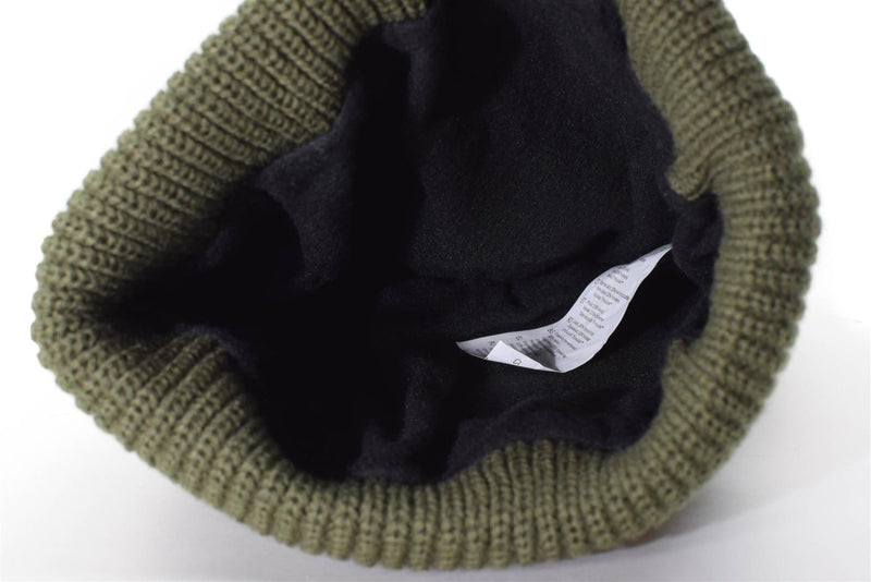 Inside view of olive green MIL-TEC knit beanie with soft black Thinsulate lining for warmth and comfort in cold weather.