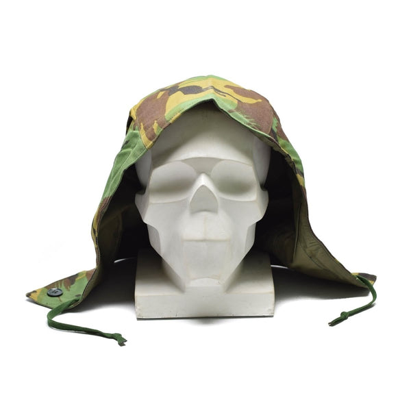 Original British military detachable parka hood in DPM woodland camouflage for cold weather protection.