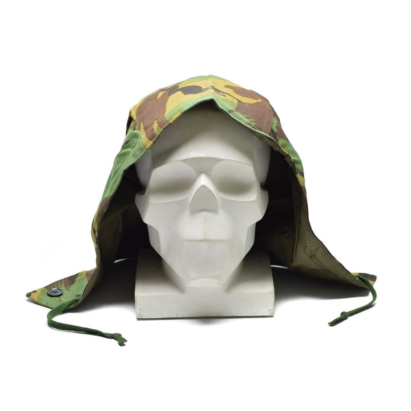 Original British military detachable parka hood in DPM woodland camouflage for cold weather protection.
