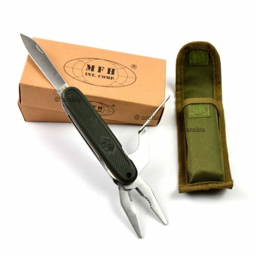 BW German army style folding pocket multitool knife with pliers and olive green nylon sheath on white background.
