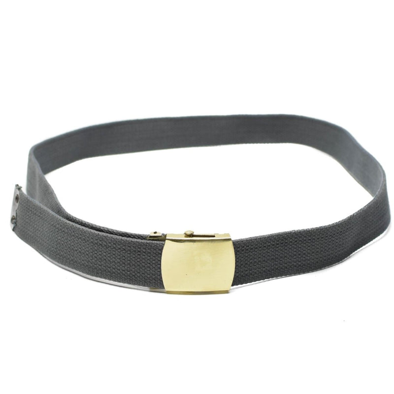 Grey canvas military belt with gold box buckle, adjustable length, unisex casual military surplus accessory