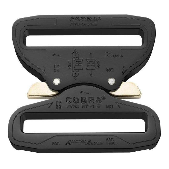 Czarna, wytrzymała aluminiowa klamra COBRA PRO STYLE o długości 58 mm z mechanizmem szybkiego zapinania i podwójnym mechanizmem blokującym