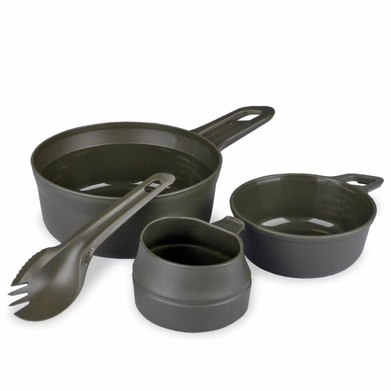 Olive green BPA-free Wildo outdoor mess kit set with large bowl, small bowl, folding cup, and spork for camping meals.