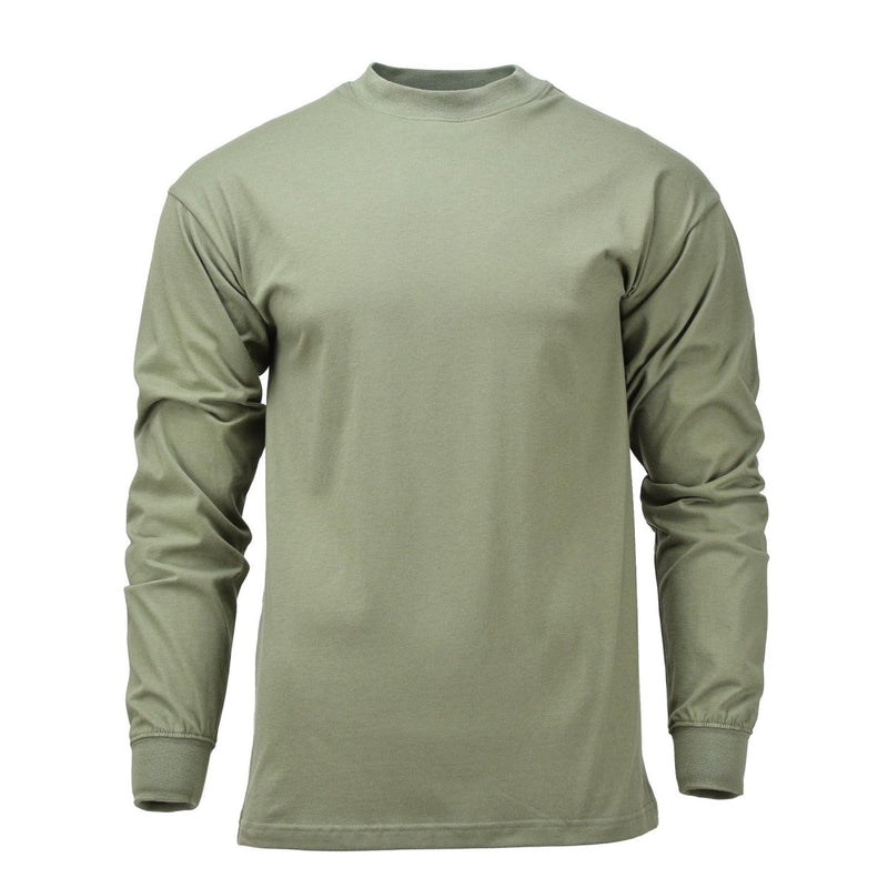 Long-sleeved olive Czech military shirt with elasticated cuffs, breathable lightweight fabric, ideal as a hiking second layer.