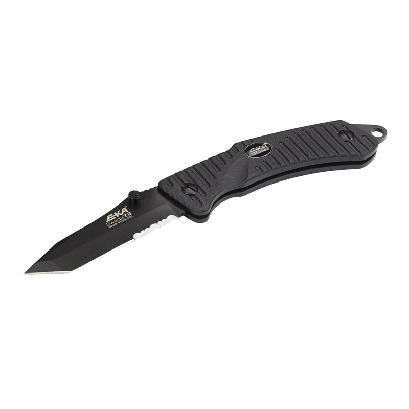 EKA Brand Swede 9 folding knife 57 HRC 12C27 steel fire starter black handle - GoMilitar