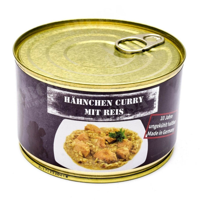 400g racji żywnościowej curry z kurczaka w puszce z dodatkiem ryżu, wyprodukowanej w Niemczech przez markę MFH