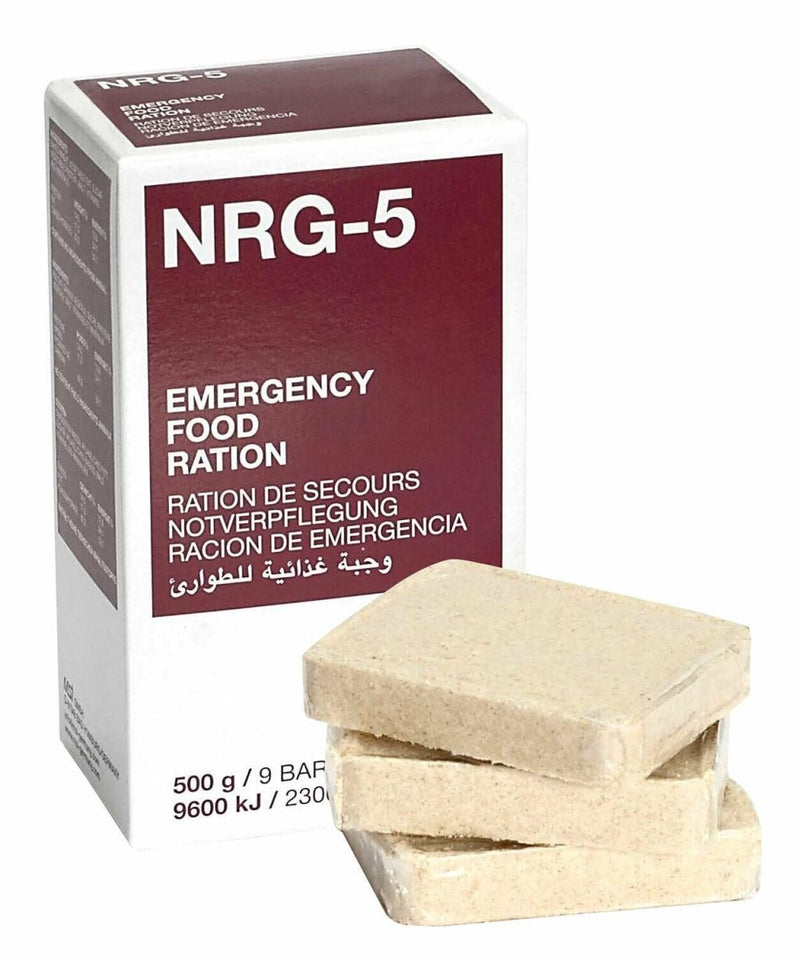 NRG-5 emergency food ration pack with 9 energy bars, compact and nutrient-dense survival food for hiking and prepping