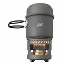 ESBIT Compact cooking set with 985ml pot, hard-anodized aluminum, brass alcohol burner, and foldable handle burning fuel.